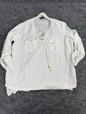 Ellen Tracy Linen Top Women Shirt 2XL White XXL Blouse Tunic Roll Tab N32